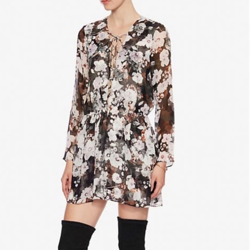 Intermix Silk Floral Lace-Up Elastic Waist Mini Dress with Sheer Long Sleeves